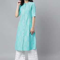 Stylum Turquoise Blue Ethnic Motifs Printed Mandarin Collar A-Line Kurta-29