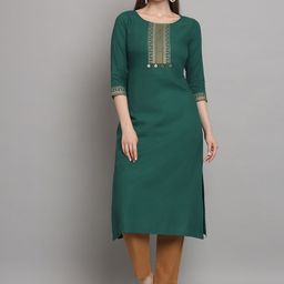 all about you Women Green & Gold-Toned Yoke Design Straight Liva Kurta-image-39