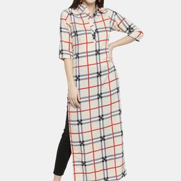 Sayesha Women Beige Checked Printed Shirt Collar Crepe Kurta-21