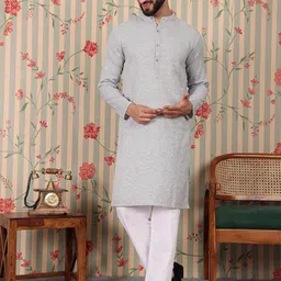 Ode by House of Pataudi Men Checked Mirror Work Dobby Kurta-24