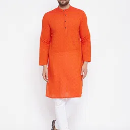 even Men Orange Dobby Woven Design Kurta-image-12
