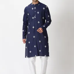 Saffron Threads Men Navy Blue Geometric Woven Design Dobby Cotton Kurta-picture-12