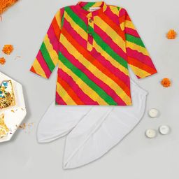 LITTLE GINNIE Boys Striped Mandarin Collar Pure Cotton Straight Kurta With Dhoti Pants-30