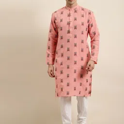 Sojanya Men Pink & Black Ikat Woven Design Pure Cotton Kurta-image-45