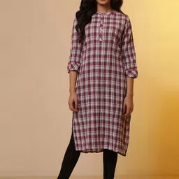 AURELIA Checked Band Collar Regular Sleeves Straight Pure Cotton Kurta Set-23
