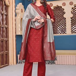 BAESD Ethnic Motifs Woven Design Sweetheart Neck Straight Kurta With Trouser And Dupatta-image-77