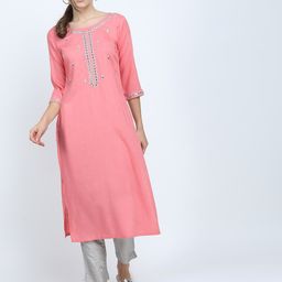 Vishudh Women Pink Ethnic Motifs Yoke Design Mirror Work Kurta-image-4