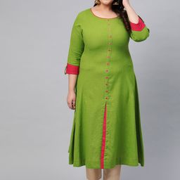 KALINI Plus Size Scoop Neck Three-Quarter Sleeves Mirror Work Cotton A-Line Kurta-14