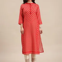 Varanga Women Red & Beige Bandhani Printed Silk Straight Kurta-picture-15