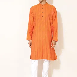 Fabindia Mandarin Collar Striped Cotton Kurta-image-48