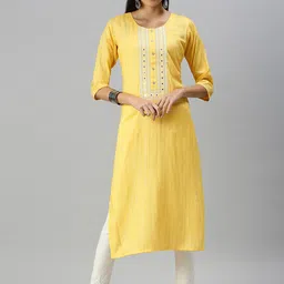 SHOWOFF Women Yellow Striped Mirror Work Kurta-image-28