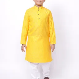 NAMASKAR Boys Yellow Self Design Silk Blend Kurta-picture-23