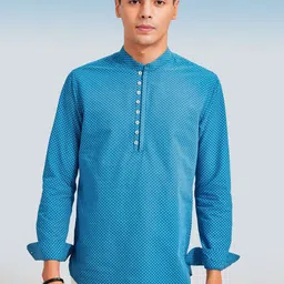 Red Flame Mandarin Collar Long Sleeves Geometric Printed Straight Cotton Kurta-4