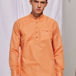 Red Flame Mandarin Collar Long Sleeves Straight Cotton Kurta-image-93