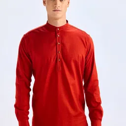Red Flame Mandarin Collar Long Sleeves Straight Cotton Kurta-picture-55