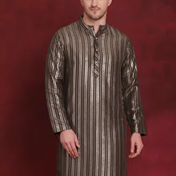 Anouk Olive Green Striped Cotton Mandarin Collar Curved Straight Kurta-picture-56
