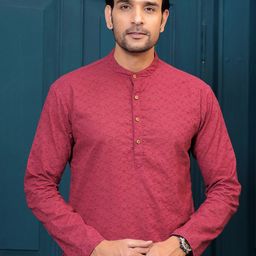 Hatheli Maroon Floral Woven Design Mandarin Collar Pure Cotton Straight Kurta-image-70
