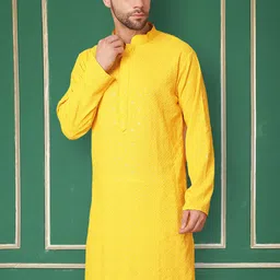 Jompers Floral Embroidered Thread Work Mandarin Collar Long Sleeves Straight Kurta-image-92