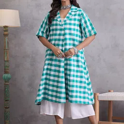 InWeave Checked Flared Sleeves V-Neck Cotton A-Line Kurta-picture-19