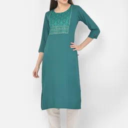 Span Women Green Ethnic Motifs Embroidered Cotton Kurta-image-98