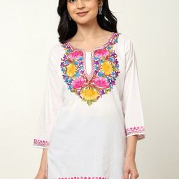 CRAFTBAZAR Floral Embroidered Notched Pure Cotton Straight Kurti-image-89