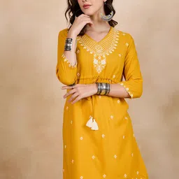 Anouk Yellow Ethnic Motifs Embroidered Thread Work A-Line Kurti-image-62
