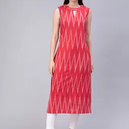ENTELLUS Ethnic Motifs Ikkat Printed Keyhole Neck Cotton Straight Kurta-picture-24