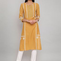 W Women Yellow Geometric Yoke Design Keyhole Neck Thread Work Kurta-picture-25