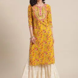 KALINI Floral Printed Round Neck Cotton Gotta Patti Kurta-25