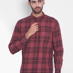 Crimsoune Club Checked Mandarin Collar Pure Cotton A-Line Short Kurta-image-77