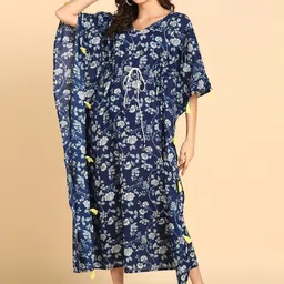 BLOCKS OF INDIA Floral Printed Kimono Sleeves Tie Up Pure Cotton Kaftan Dress-image-1