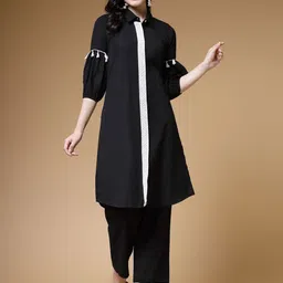 Indibelle Shirt Collar Puff Sleeves Thread Work Cotton Straight Kurta-54