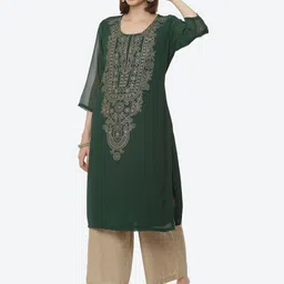 Rangriti Women Green & Beige Ethnic Motifs Yoke Design Thread Work Kurta-picture-4