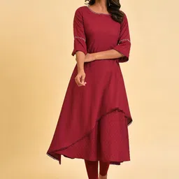 W Maroon Woven Design Thread Work Layered A-Line Kurta-1