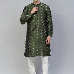 MANQ Men Olive Green Geometric Print Long Sleeves Straight Kurta-11