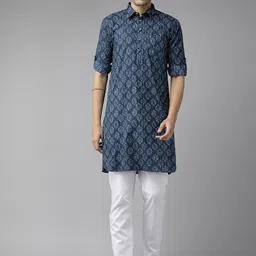 See Designs Ethnic Motifs Printed Shirt Collar Pure Cotton Pathani Kurta-image-93