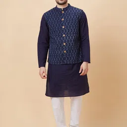 Globus Men Navy Blue Mandarin Collar Pure Cotton Kurta with Printed Nehru Jacket-picture-20