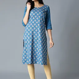 AURELIA Women Blue Ethnic Motifs Printed Thread Work Kurta-13