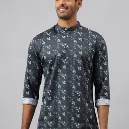 MR BUTTON Men Charcoal & Turquoise Blue Floral Printed Kurta-image-92