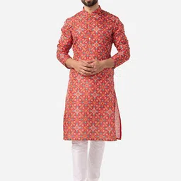 THE KURTA COMPANY Ethnic Motifs Printed Mandarin Collar Straight Tussar Silk Kurta-picture-24