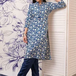 Vishudh Blue & White Floral Printed Mandarin Collar Straight Kurta-19