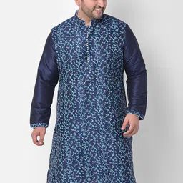 DEYANN PLUS Men Navy Blue & Blue Floral Printed Mandarin Collar Dupion Silk Straight Kurta-image-87