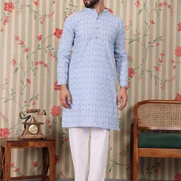 Ode by House of Pataudi Floral Printed Mandarin Collar Long Sleeves Cotton Kurta-picture-22