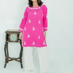 Ethnic Threads Floral Embroidered Chikankari Pure Cotton Straight Kurti-image-85