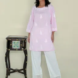 Ethnic Threads Floral Embroidered Chikankari Pure Cotton Straight Kurti-image-89