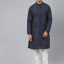 MANQ Men Navy Blue Striped Kurta-image-63