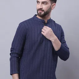 even Striped Band Collar Pure Cotton Dobby Kurta-image-12
