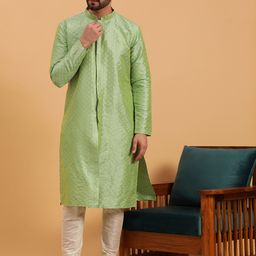 NAMASKAR Ethnic Motifs Woven Design Mandarin Collar Silk Kurta-image-76