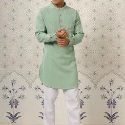 Ode by House of Pataudi Striped Mandarin Collar Kurta-image-67