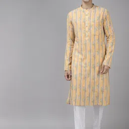See Designs Men Yellow Striped Cotton Kurta-23